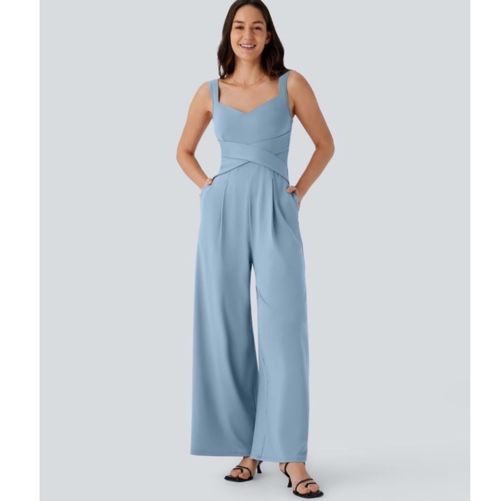 Halara Angel Falls Blue U Back Crossover Wide Leg Jumpsuit XS Pockets